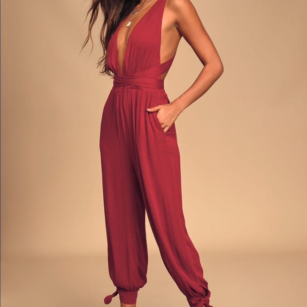 LuLus Lolinda Berry Red Convertible Jumpsuit